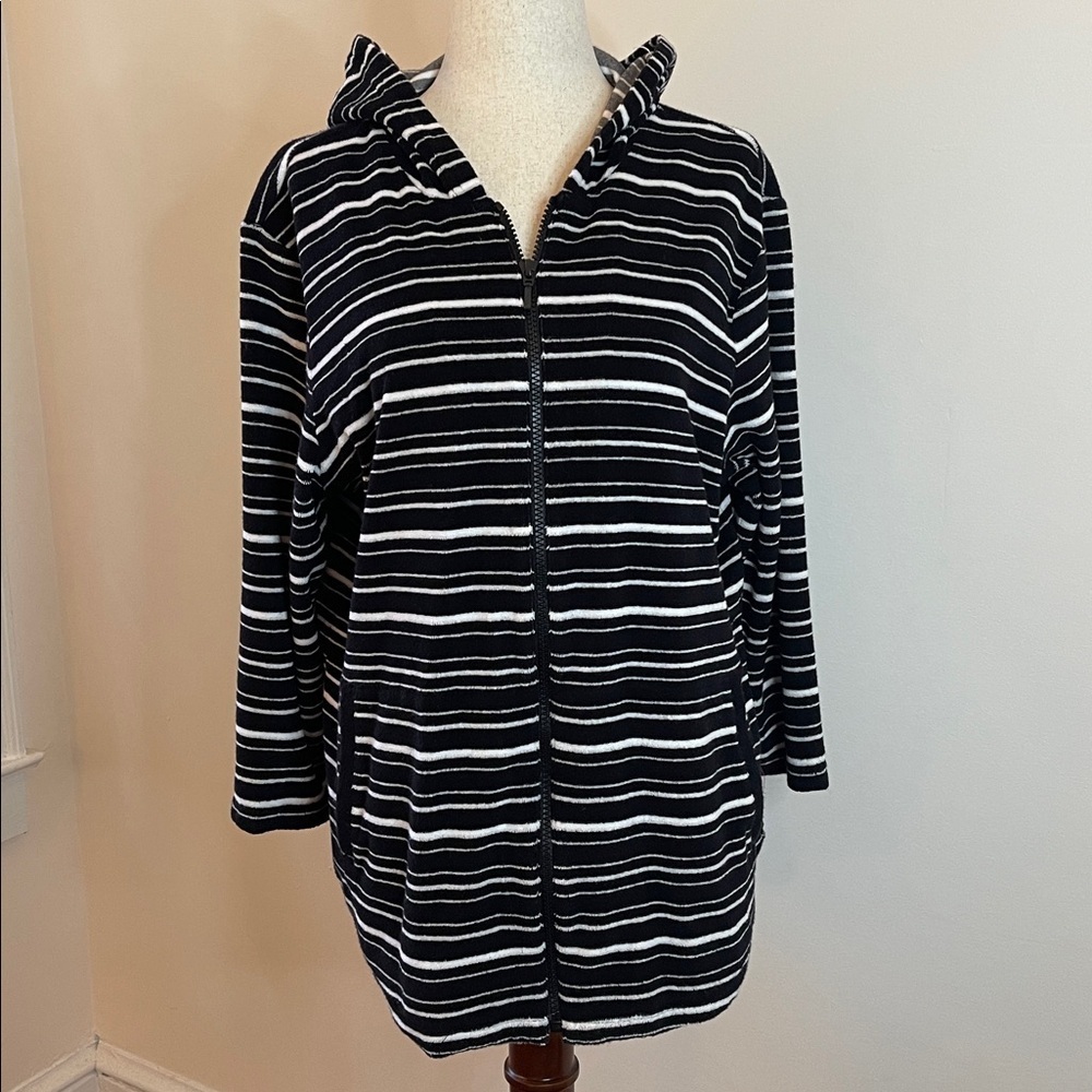 Chico’s Black & White Striped Terry Full-Zip Hoodie, Size 2 (M/L)